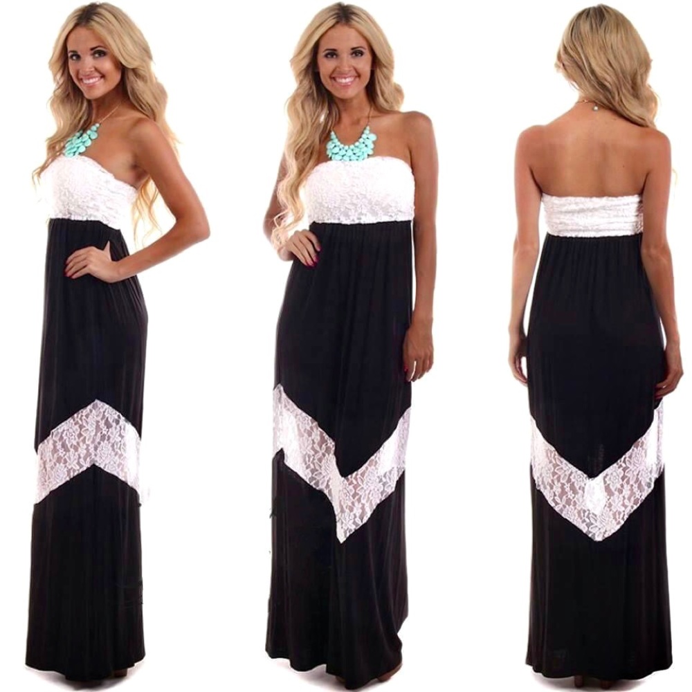 Strapless Black Lace Chevron Maxi Dress